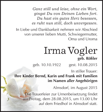 Traueranzeige von Irma Vogler von Mitteldeutsche Zeitung Merseburg/Querfurt