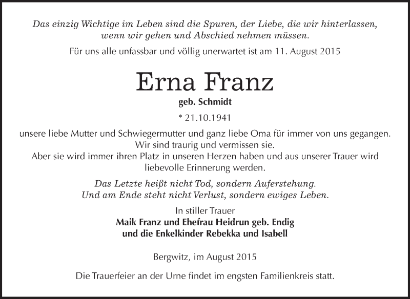  Traueranzeige für Erna Franz vom 22.08.2015 aus WVG - Wochenspiegel Wittenberg