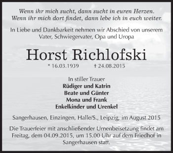 Traueranzeige von Horst Richlofski von Super Sonntag SGH Mansf. Land
