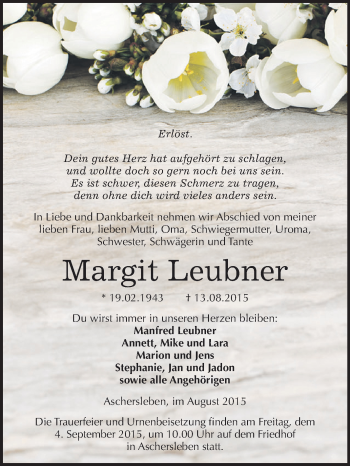 Traueranzeige von Margit Leubner von Super Sonntag Aschersleben
