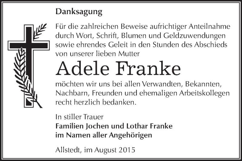  Traueranzeige für Adele Franke vom 01.08.2015 aus Super Sonntag SGH Mansf. Land
