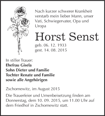 Traueranzeige von Horst Senst von WVG - Wochenspiegel Wittenberg