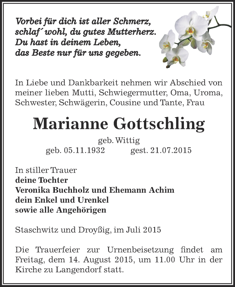  Traueranzeige für Marianne Gottschling vom 01.08.2015 aus Super Sonntag Zeitz