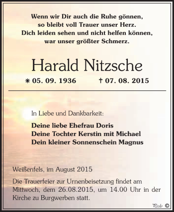 Traueranzeige von Harald Nitzsche von WVG - Wochenspiegel NMB / WSF / ZTZ