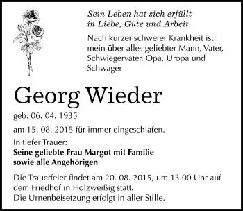 Traueranzeige von Georg Wieder von Mitteldeutsche Zeitung Bitterfeld