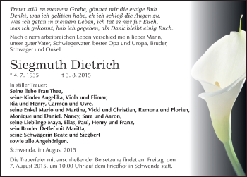Traueranzeige von Siegmuth Dietrich von Mitteldeutsche Zeitung Sangerhausen