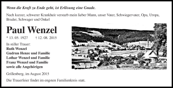 Traueranzeige von Paul Wenzel von WVG - Wochenspiegel SGH