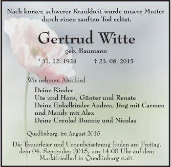 Traueranzeige von Gertrud Witte von Mitteldeutsche Zeitung Quedlinburg