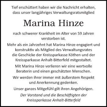 Traueranzeige von Marina Hinze von Super Sonntag Dessau / Köthen