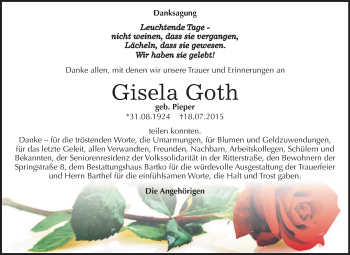 Traueranzeige von Gisela Goth von WVG - Wochenspiegel Dessau / Köthen