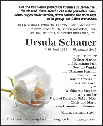 Traueranzeige von Ursula Schauer von Super Sonntag Zeitz