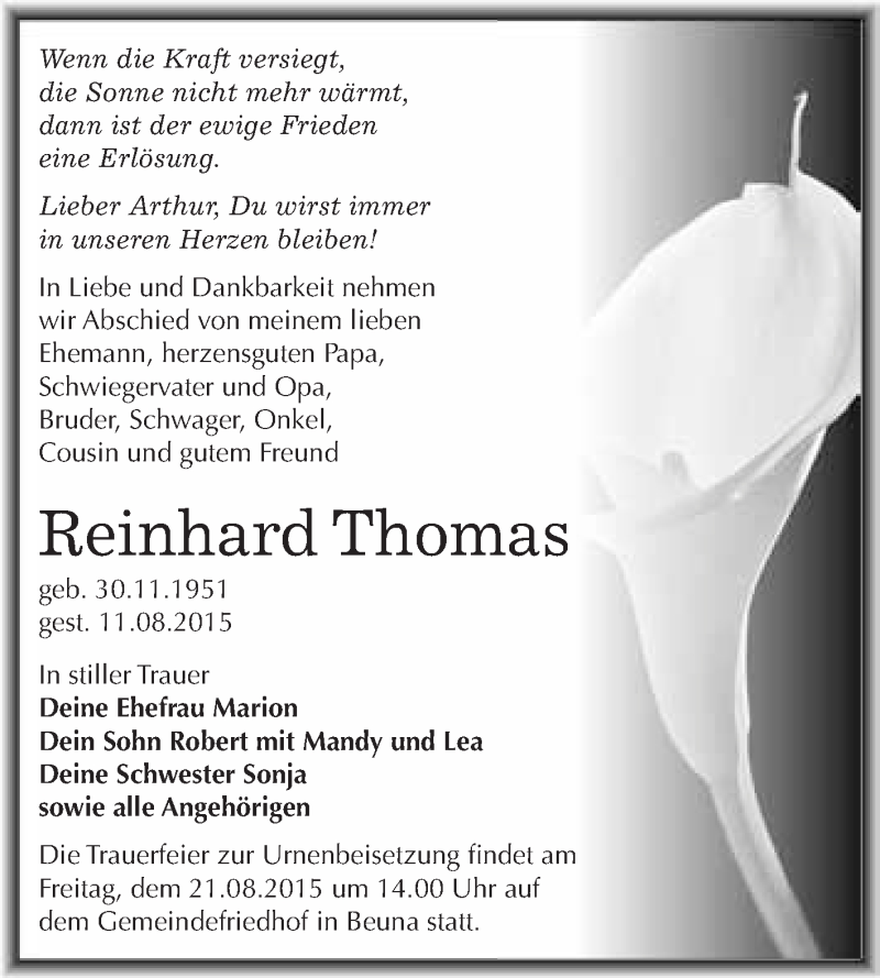  Traueranzeige für Reinhard Thomas vom 15.08.2015 aus WVG - Wochenspiegel Merseburg