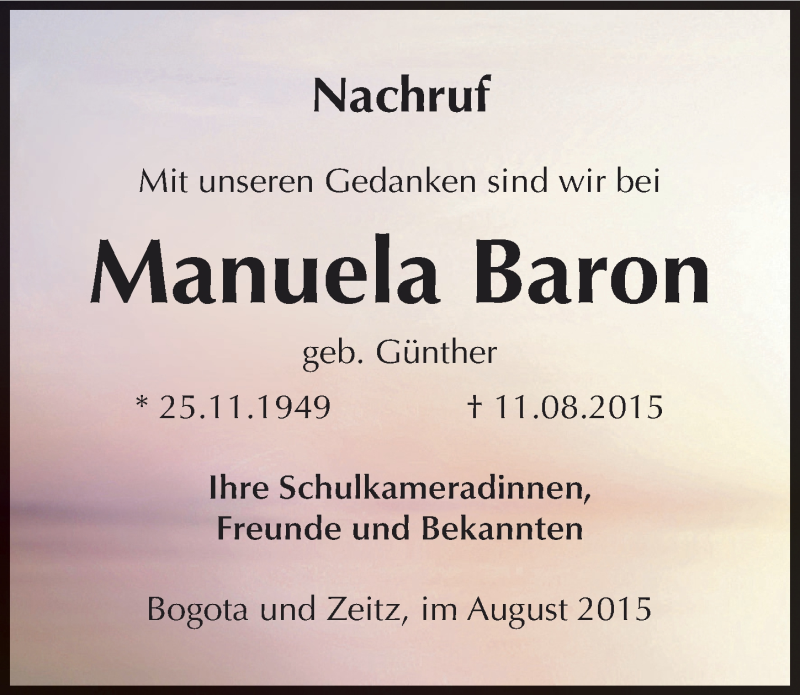  Traueranzeige für Manuela Baron vom 22.08.2015 aus Mitteldeutsche Zeitung Zeitz