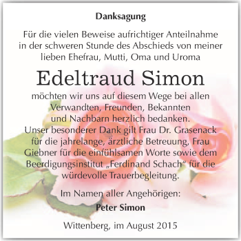 Traueranzeige von Edeltraud Simon von WVG - Wochenspiegel Wittenberg
