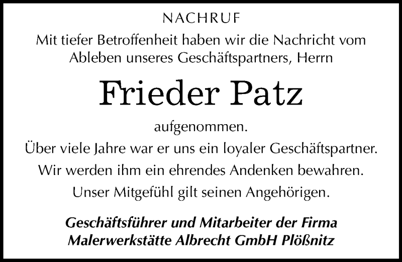  Traueranzeige für Frieder Patz vom 15.08.2015 aus Mitteldeutsche Zeitung Halle/Saalkreis