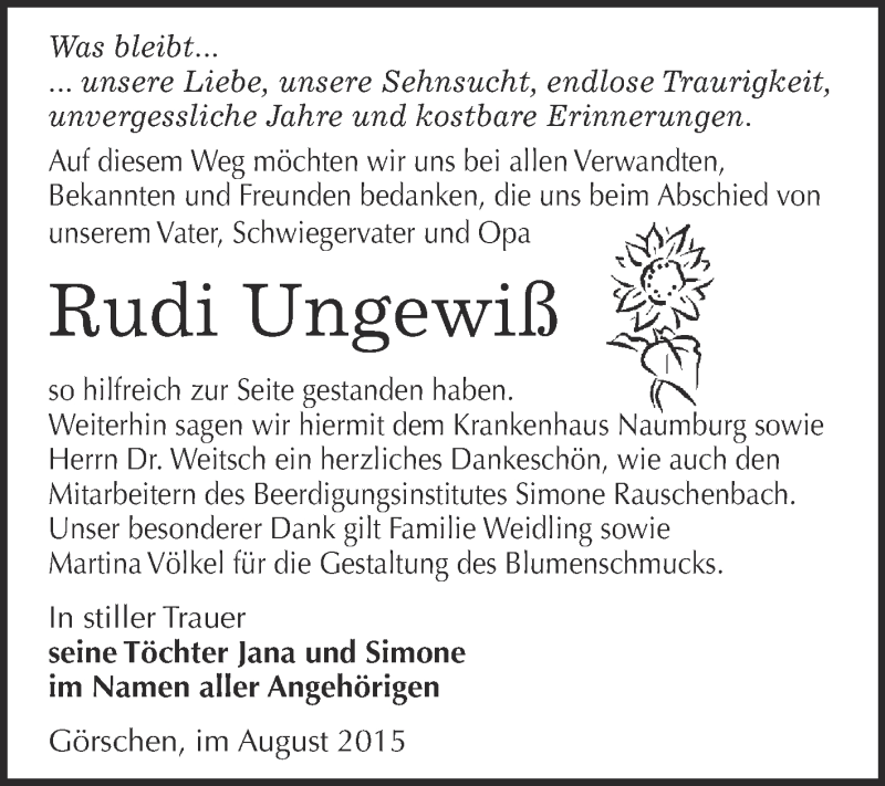  Traueranzeige für Rudi Ungewiß vom 05.08.2015 aus WVG - Wochenspiegel NMB / WSF / ZTZ