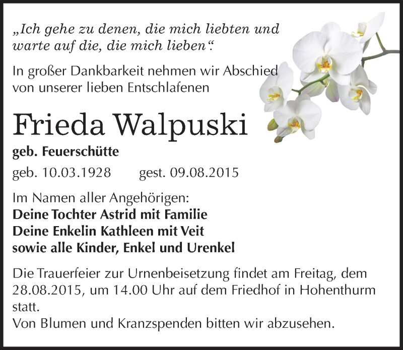  Traueranzeige für Frieda Walpuski vom 15.08.2015 aus Mitteldeutsche Zeitung Halle/Saalkreis