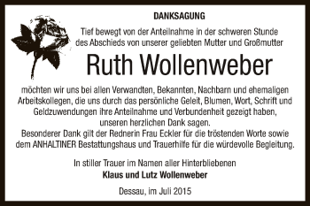Traueranzeige von Ruth Wollenweber von WVG - Wochenspiegel Dessau / Köthen