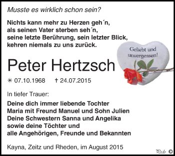 Traueranzeige von Peter Hertzsch von Super Sonntag Zeitz