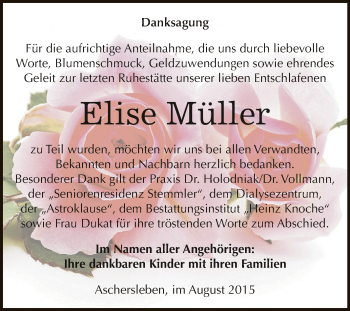 Traueranzeige von Elise Müller von Super Sonntag Aschersleben