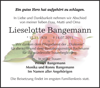 Traueranzeige von Lieselotte Bangemann von WVG - Wochenspiegel Dessau / Köthen