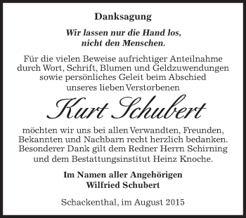 Traueranzeige von Kurt Schubert von Super Sonntag Aschersleben