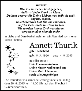 Traueranzeige von Annett Thurik von WVG - Wochenspiegel Merseburg