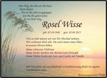 Traueranzeige von Rosel Wisse von Super Sonntag Quedlinburg