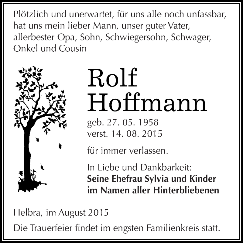  Traueranzeige für Rolf Hoffmann vom 22.08.2015 aus Super Sonntag SGH Mansf. Land