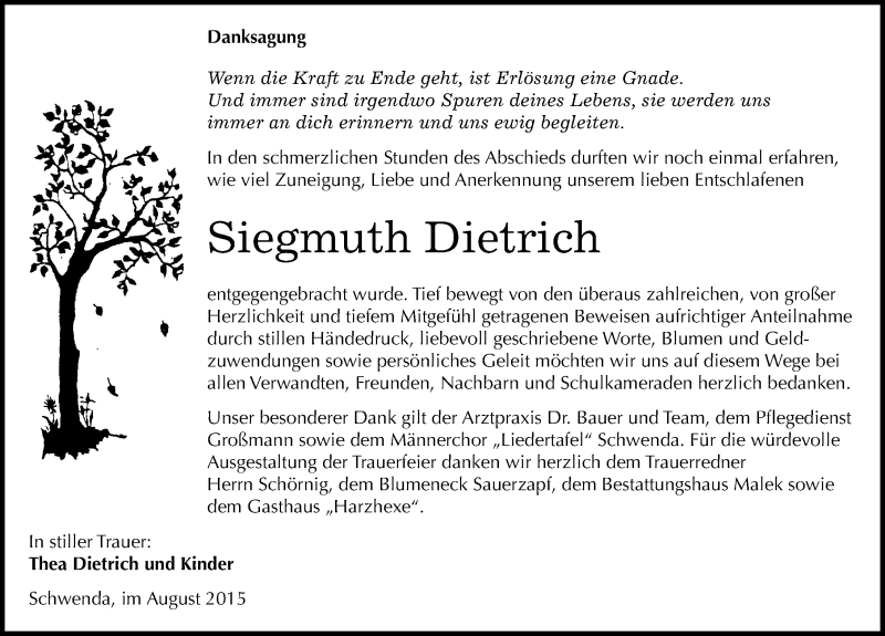  Traueranzeige für Siegmuth Dietrich vom 15.08.2015 aus Mitteldeutsche Zeitung Sangerhausen
