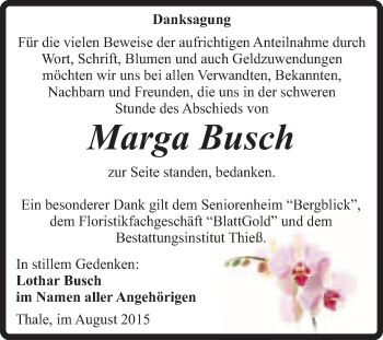 Traueranzeige von Marga Busch von Super Sonntag Quedlinburg