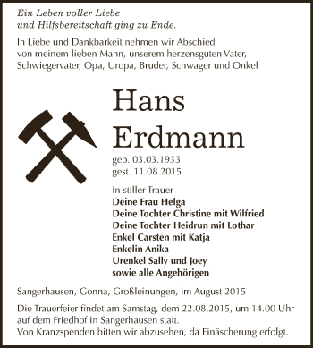Traueranzeige von Hans Erdmann von Super Sonntag SGH Mansf. Land