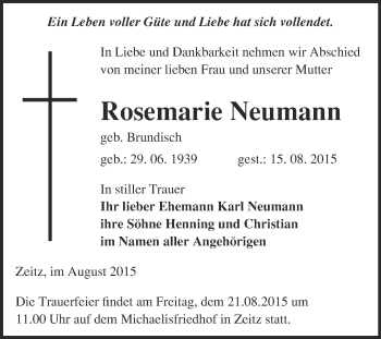 Traueranzeige von Rosemarie Neumann von WVG - Wochenspiegel NMB / WSF / ZTZ