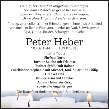 Traueranzeige von Peter Heber von WVG - Wochenspiegel Dessau / Köthen