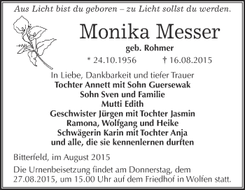 Traueranzeige von Monika Messer von WVG - Wochenspiegel Bitterfeld