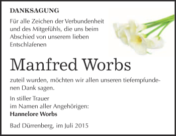 Traueranzeige von Manfred Worbs von Super Sonntag Merseburg
