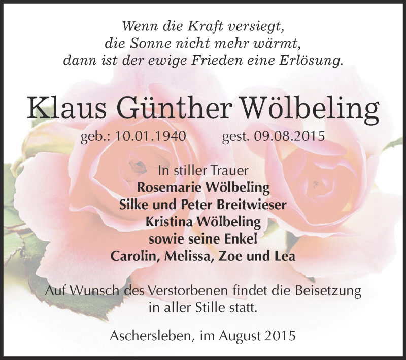  Traueranzeige für Klaus Günther Wölbeling vom 15.08.2015 aus Super Sonntag Aschersleben