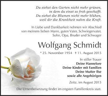 Traueranzeige von Wolfgang Schmidt von Super Sonntag Zeitz