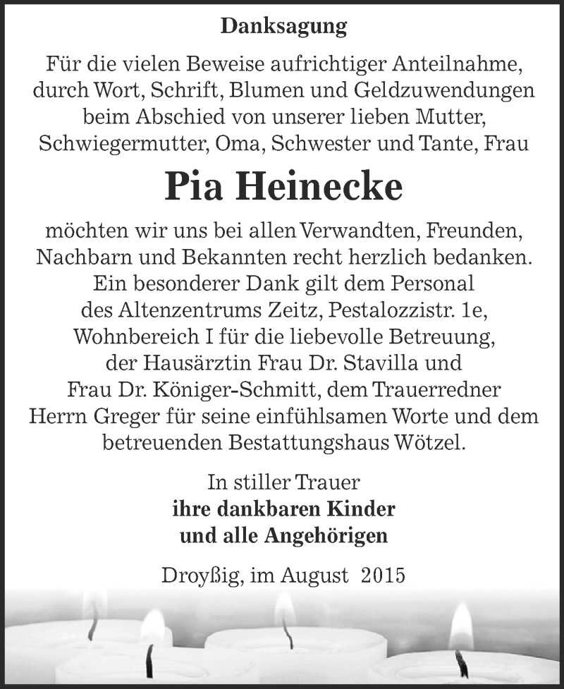  Traueranzeige für Pia Heinecke vom 29.08.2015 aus Super Sonntag Zeitz
