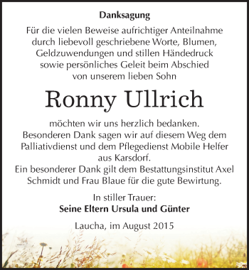 Traueranzeige von Ronny Ullrich von Mitteldeutsche Zeitung Naumburg/Nebra