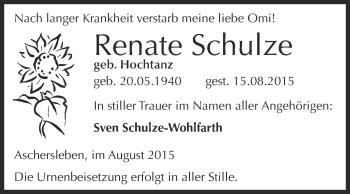Traueranzeige von Renate Schulze von Super Sonntag Aschersleben