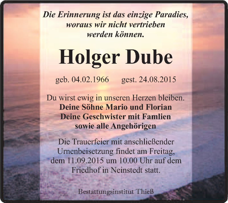  Traueranzeige für Holger Dube vom 29.08.2015 aus Super Sonntag Quedlinburg