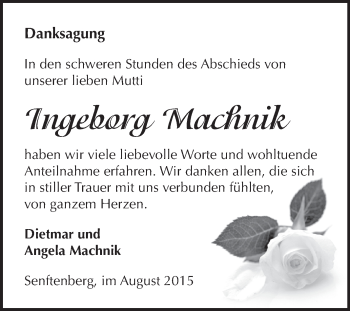 Traueranzeige von Ingeborg Machnik von WVG - Wochenspiegel Aschersleben