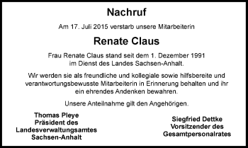 Traueranzeige von Renate Claus von Mitteldeutsche Zeitung Halle/Saalkreis