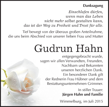 Traueranzeige von Gudrun Hahn von Mitteldeutsche Zeitung Mansfelder Land