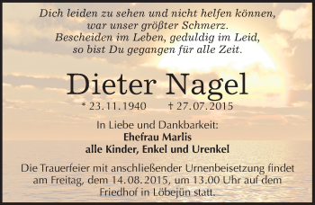 Traueranzeige von Dieter Nagel von Mitteldeutsche Zeitung Halle/Saalkreis