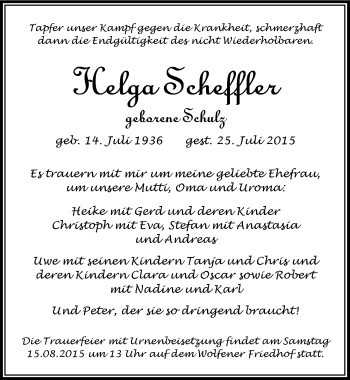 Traueranzeige von Helga Scheffler von Mitteldeutsche Zeitung Bitterfeld
