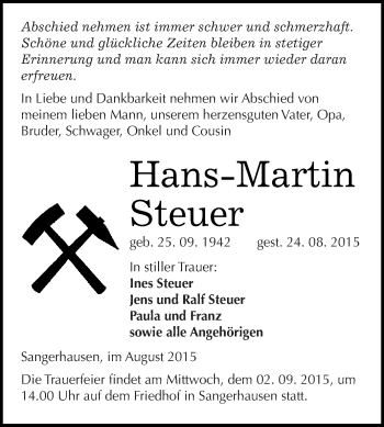 Traueranzeige von Hans-Martin Steuer von Super Sonntag SGH Mansf. Land
