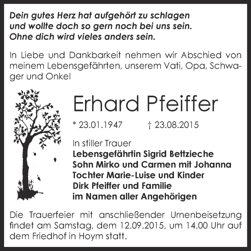  Traueranzeige für Erhard Pfeiffer vom 29.08.2015 aus Super Sonntag Bernburg