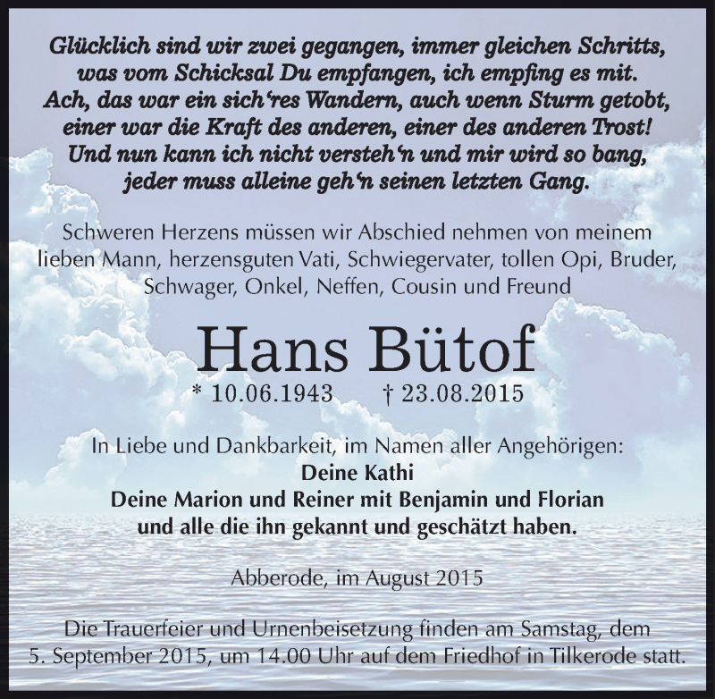  Traueranzeige für Hans Bütof vom 28.08.2015 aus Mitteldeutsche Zeitung Mansfelder Land